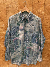 Vintage 90s abstract blue watercolour pattern ugly print long sleeve viscose shirt by Vela size larg